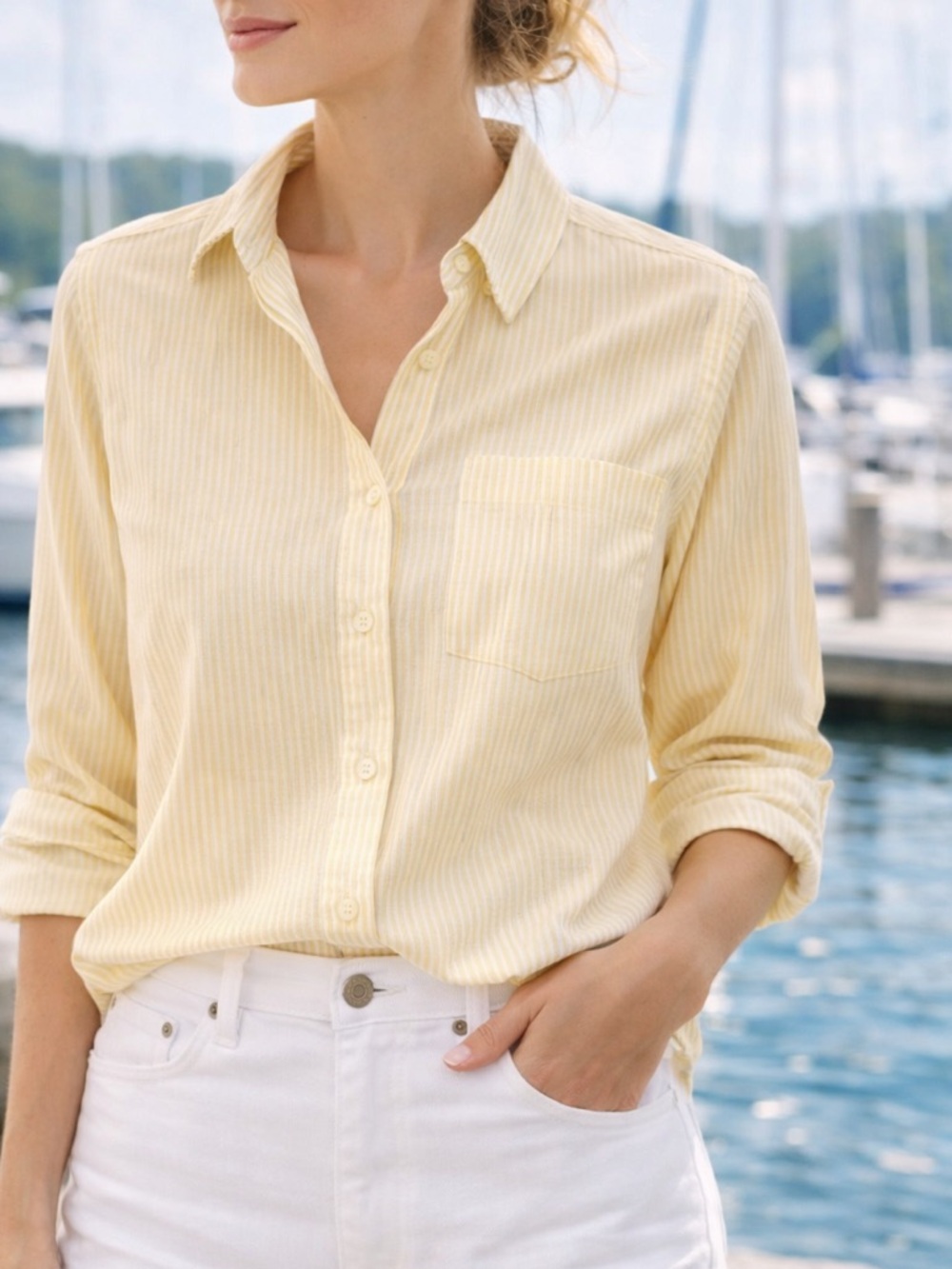 L.L. Bean Yellow White Stripe Oxford Shirt  Coastal Button Down Shirt